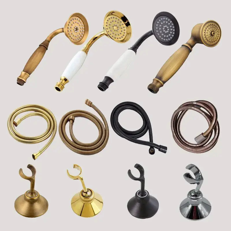 A collection of brass and black decorbites™ antique gold handheld shower heads with matching flexible hoses and wall brackets