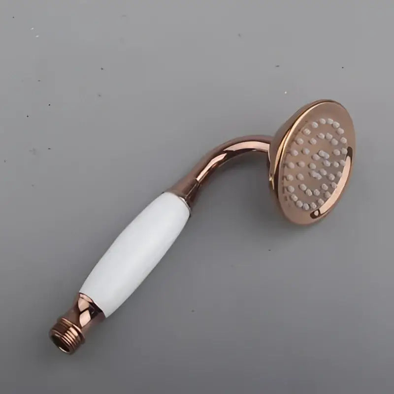 Decorbites™ antique gold handheld shower head with rose gold circular head and white ceramic handle with multiple nozzles