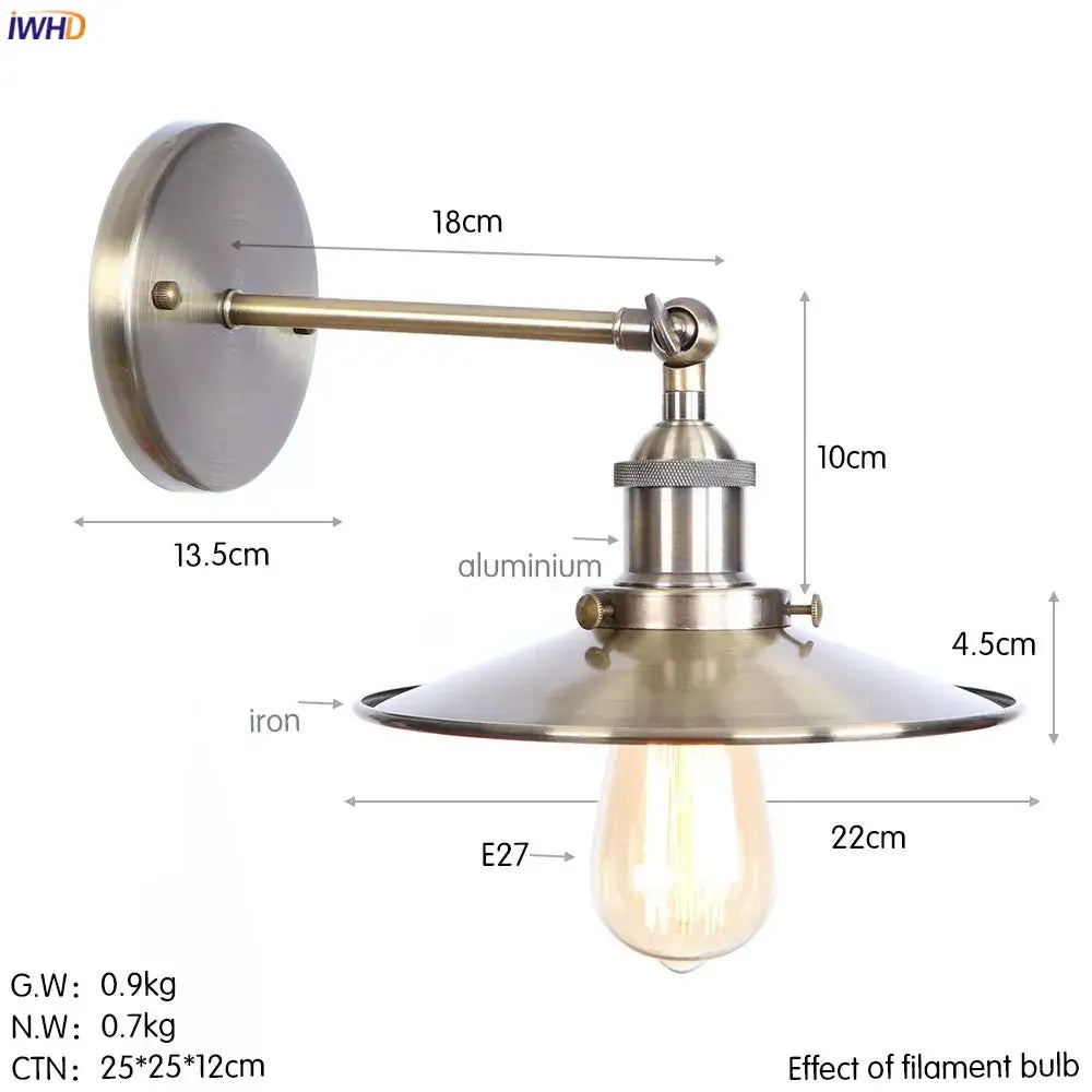 Industrial-style decorbites antique gold wall lamps with brushed brass finish aluminum arm iron base and exposed filament bulb