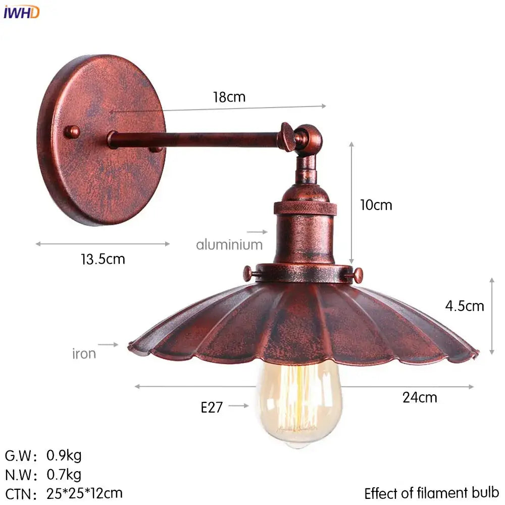 Rust-colored decorbites antique gold wall lamp with fluted iron shade and aluminum arm for rustic loft decor