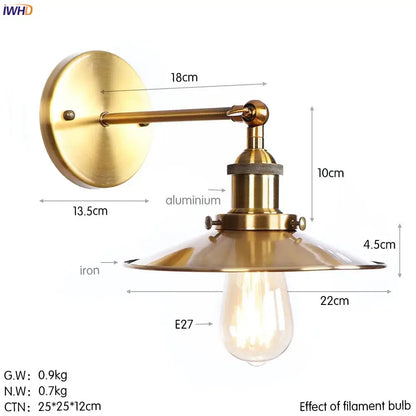 Brass-finished decorbites antique gold rustic wall lamp with adjustable arm and wide conical shade for industrial decor