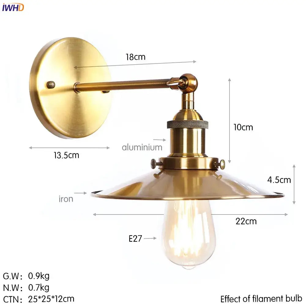 Brass-finished decorbites antique gold rustic wall lamp with adjustable arm and wide conical shade for industrial decor