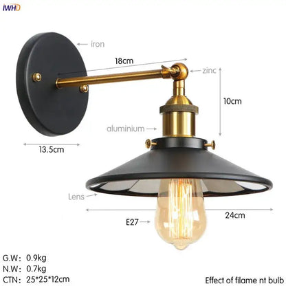 Industrial-style decorbites antique gold rustic wall lamp with black iron backplate brass zinc arm and matte black shade housing bulb