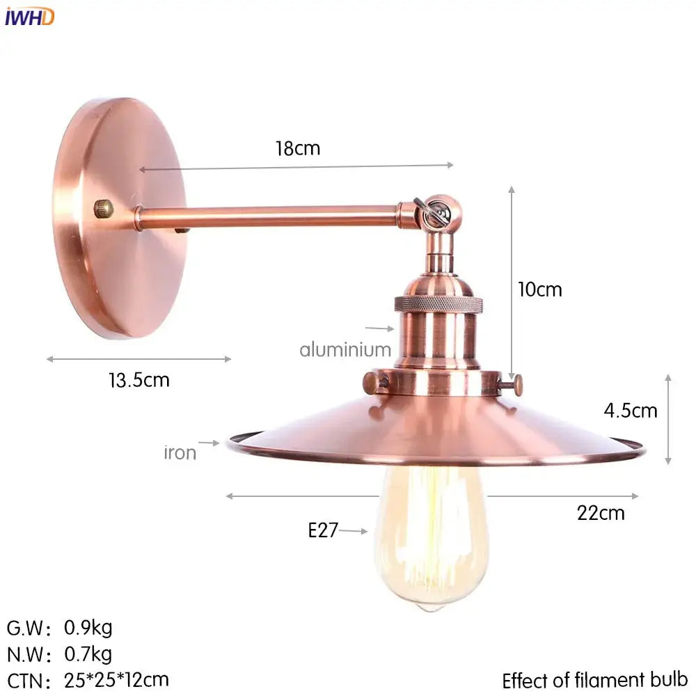 Copper-finished decorbites antique gold rustic wall lamp with brass iron arm and aluminum base featuring exposed filament bulb