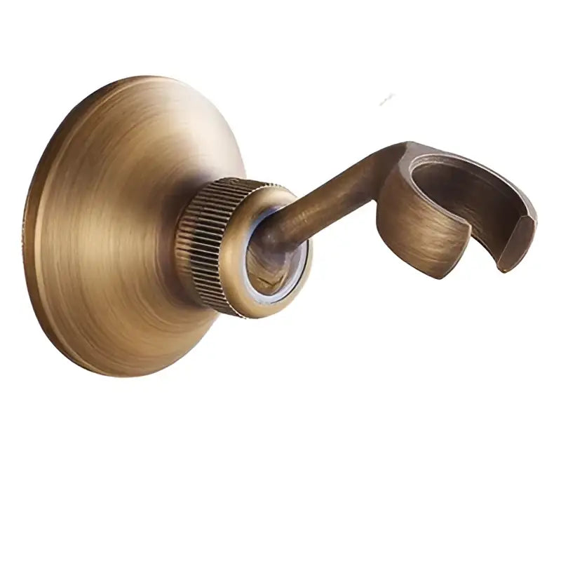 DecorBites™ antique brass shower head holder with brushed finish and curved hook design for handheld shower heads