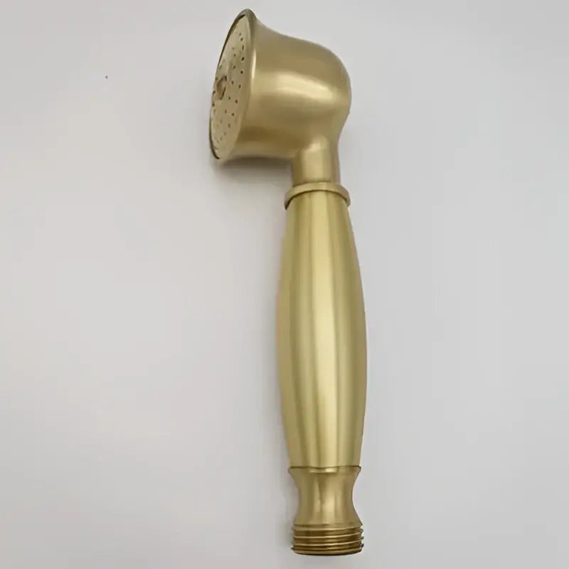 Gold-colored brass shower head with sleek elongated handle and circular spray face for decorbites antique shower head holder
