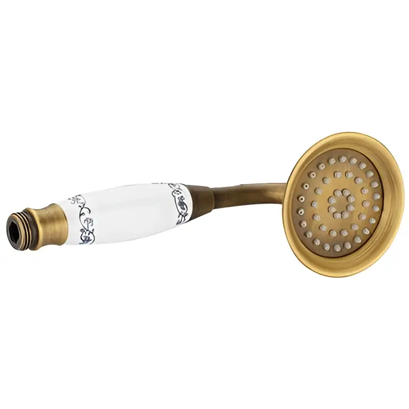 DecorBites™ antique brass and white ceramic shower head holder with ornate black detailing for bidet sprayer stand