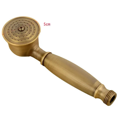 Brass-colored decorbites antique handheld shower head with circular spray face and textured handle for shower head holder