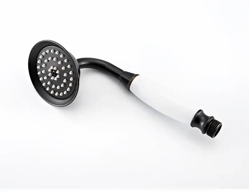 Black matte finish decorbites antique handheld shower head with white grip and threaded connection end visible