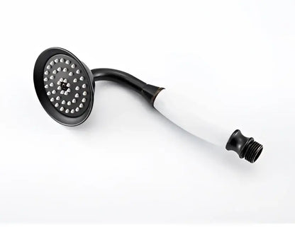 Black matte finish decorbites antique handheld shower head with white grip and threaded connection end visible
