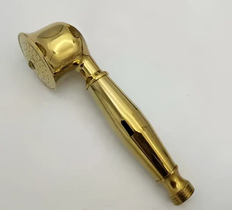 Gold-colored polished brass decorbites antique handheld shower head with classic design and textured grip for bathroom use