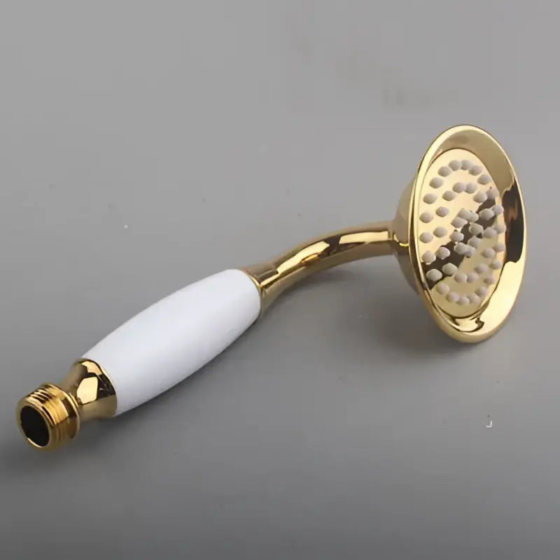 Gold-finished decorbites antique handheld shower head with white ceramic handle and multiple nozzles for versatile use