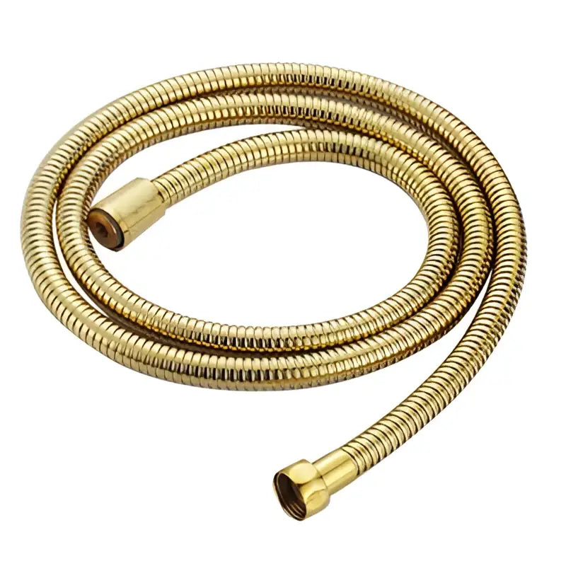 Gold-colored flexible metal plumbing hose with ribbed texture and threaded ends for decorbites antique handheld shower head
