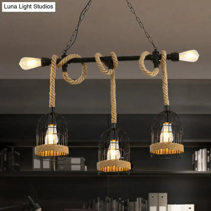 Decorbites™ antique iron hanging island light with three black metal birdcage shades and hemp rope accents
