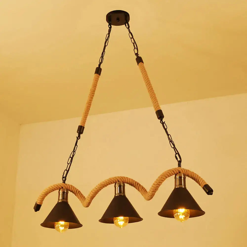 Industrial-style iron hanging island three-light pendant lamp with black metal shades and beige hemp rope accents