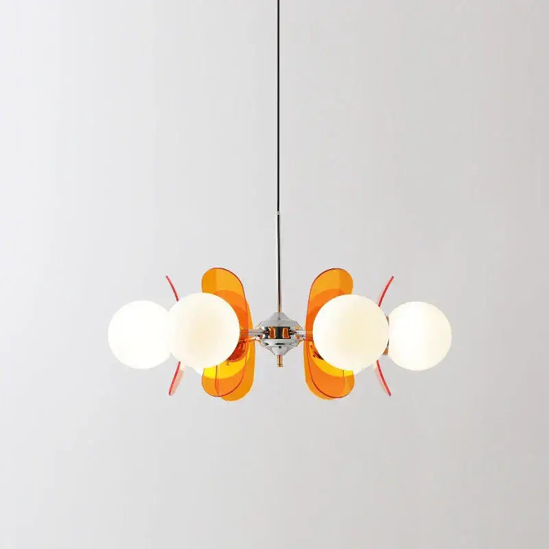 Decorbites antique style chandelier with orange acrylic leaf shades and frosted glass globes on chrome for living room