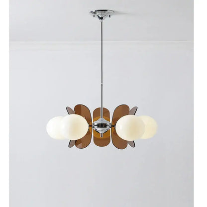 Chrome-finished decorbites antique style chandelier with five frosted globe bulbs and amber petal acrylic shades for living room