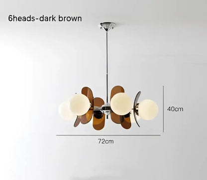 Dark brown six-head decorbites antique style chandelier with frosted glass globes and metallic leaf-shaped shades for living room