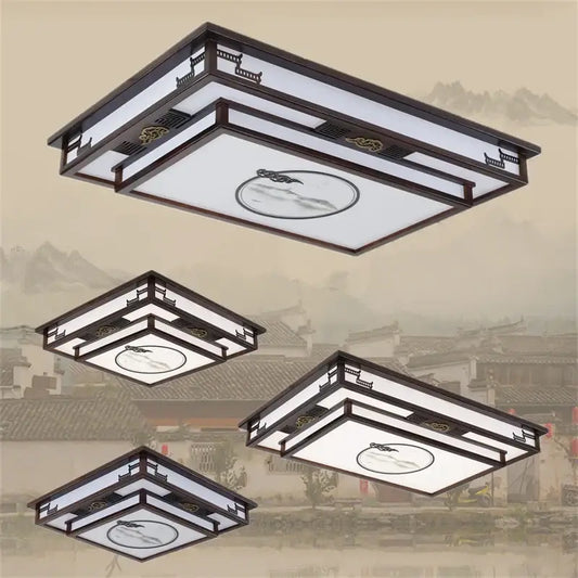 Rectangular solid wood decorbites antique style ceiling light with dark brown frame and white panels for living room
