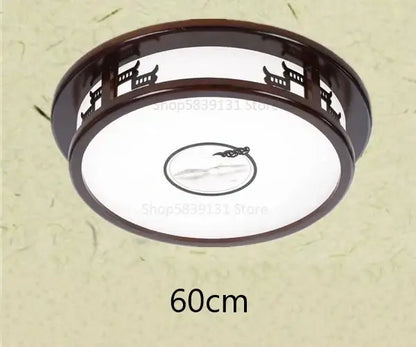 DecorBites antique style solid wood ceiling light with dark brown frame and white diffuser featuring Chinese pavilion silhouettes