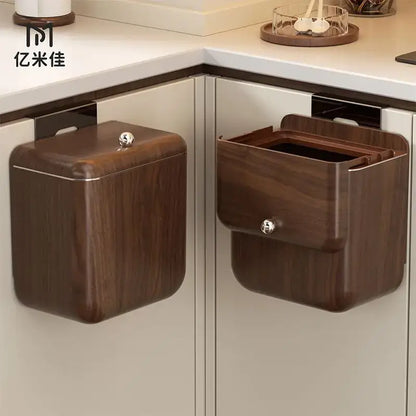 Decorbites antique style wood grain hanging kitchen trash can with dark wood finish and silver-toned knobs