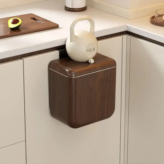 Decorbites antique style dark wood finish hanging kitchen trash can with lid and metallic trim in style wood grain design