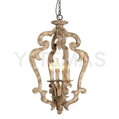 DecorBites antique wood chandelier with ornate scrollwork and three candle-like bulbs for bedroom and dining room