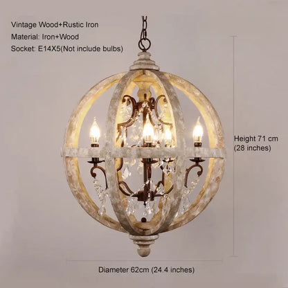 Vintage decorbites antique wood globe chandelier featuring distressed white wood, dark iron, and crystal droplets for multiple rooms