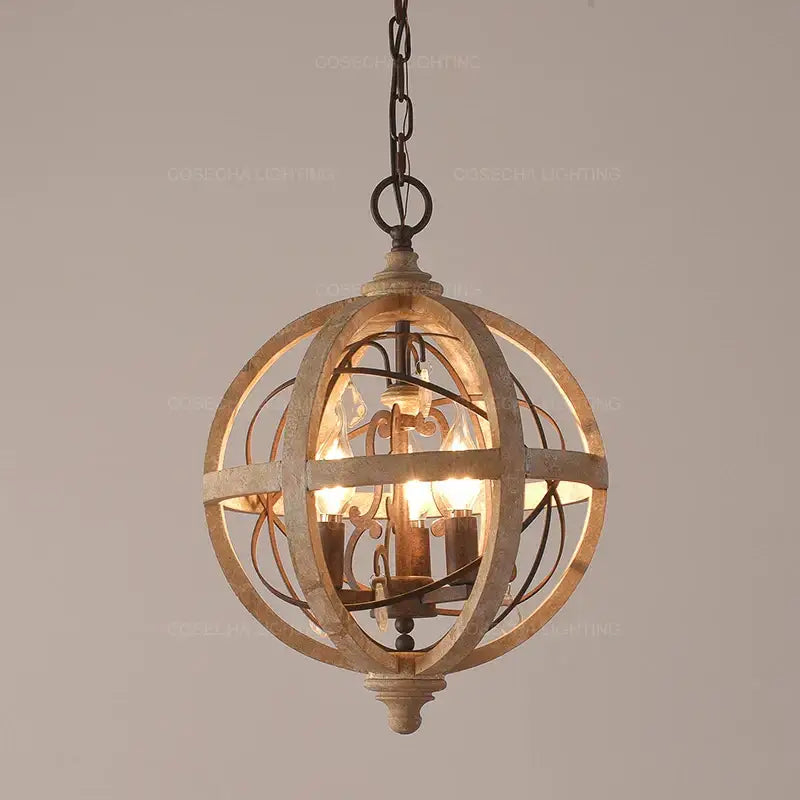 Decorbites antique wood globe chandelier with intricate metal frame and warm bulbs for bedroom and dining room lighting