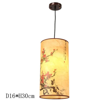 Cylindrical decorbites antique wood pendant light with warm yellow glow and traditional chinese ink painting for dining room