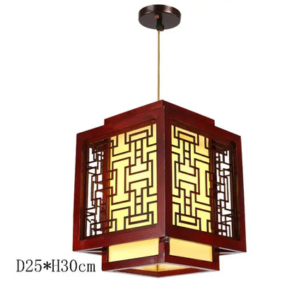 Red wooden pendant light with intricate geometric lattice design and warm yellow light from decorbites antique wood series