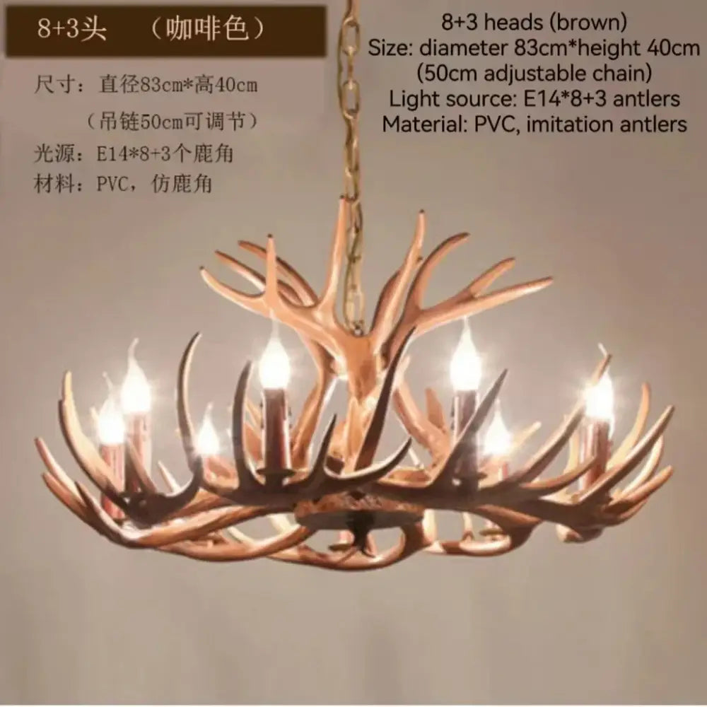 Brown pvc decorbites antler branch ceiling chandelier with imitation antlers and eight candle style lights