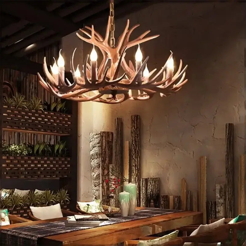 Decorbites antler branch ceiling chandelier with warm-toned rustic finish and multiple exposed bulbs