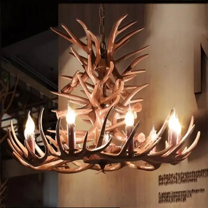 Decorbites antler branch ceiling chandelier with rustic warm-toned finish and multiple candle-style bulbs