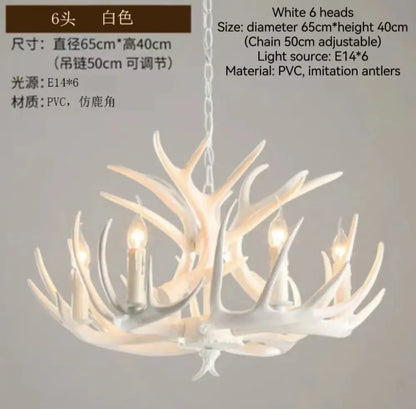 White pvc decorbites antler branch ceiling chandelier with six imitation antler heads and adjustable chain