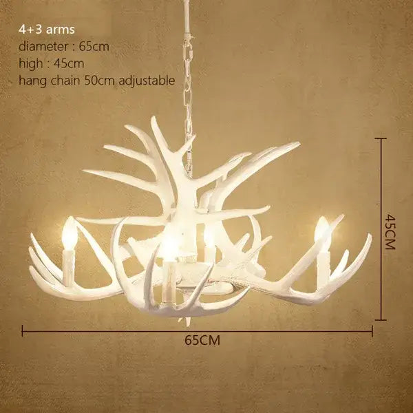 Decorbites antler chandelier with white resin horns, four arms and three decorative branches for rustic indoor decor
