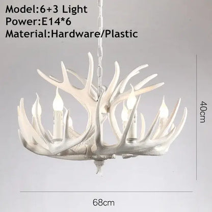 White antler chandelier with six candle-style lights and chain suspension from decorbites antler chandelier collection