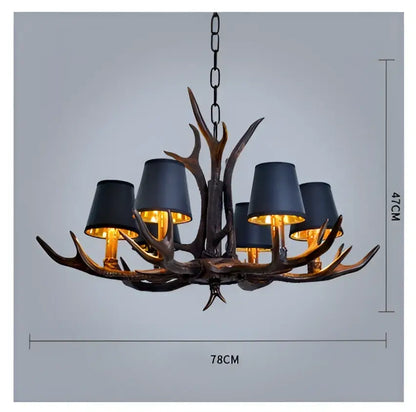 Decorbites antler chandelier with black lampshades and dark bronze resin finish for modern rustic living room lighting