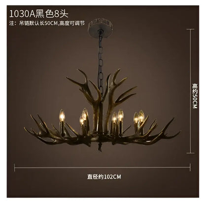 Decorbites antler chandelier with eight black metallic resin antlers and six lit bulbs for rustic cafe decor