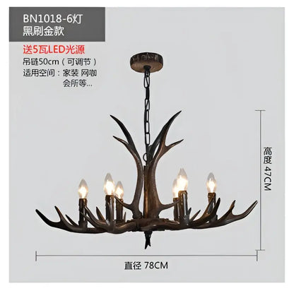 DecorBites antler chandelier in dark bronze resin with six lit led bulbs for rustic restaurant cafe decor