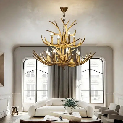 Decorbites antler deer chandelier with golden resin antlers and multiple lit bulbs for rustic living room décor