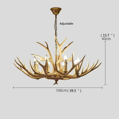 Decorbites antler deer chandelier with golden finish resin antler design and candle-style bulbs for living room and loft