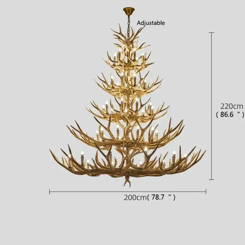 DecorBites antler deer chandelier in gold resin with multiple tiers and candle-style lights for rustic living rooms