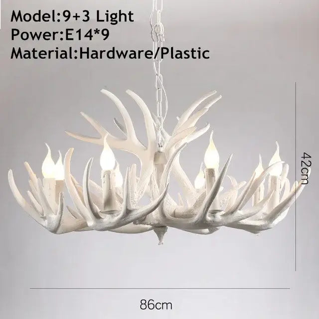 White antler pendant chandelier with nine bulbs and three lights crafted from hardware and plastic by DecorBites antler pendant