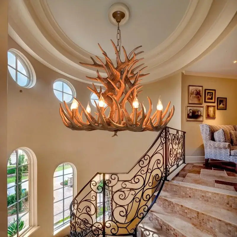 DecorBites antler pendant chandelier with warm natural wood finish and candle-style bulbs for home decor lighting fixtures