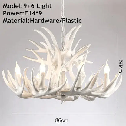 White antler pendant chandelier with nine candle-style lights crafted from hardware and plastic by DecorBites antler pendant