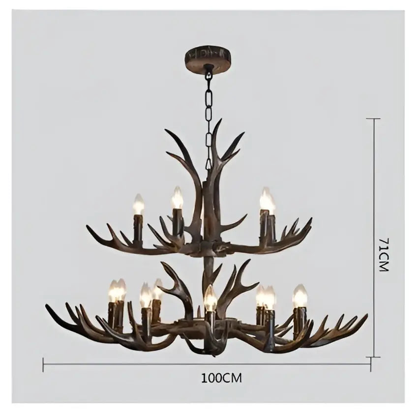 DecorBites antler resin chandelier with rustic bronze finish and multiple lit candle-style bulbs in retro style