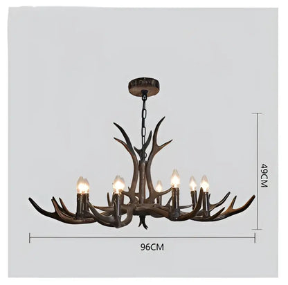 DecorBites antler resin chandelier with dark bronze finish and lit candle-style bulbs in American country retro style