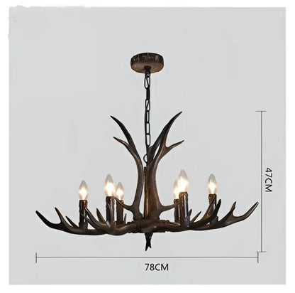 DecorBites antler resin chandelier with six lit bulbs, dark bronze finish, American country retro style LED hanging lamp