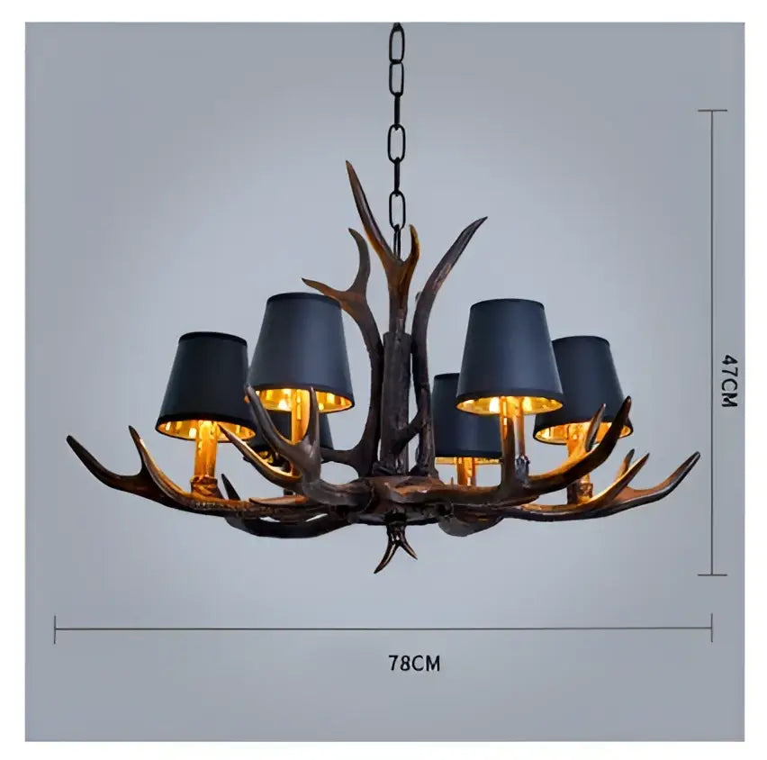 Decorbites antler resin chandelier with six black lampshades and dark bronze finish in american country retro style